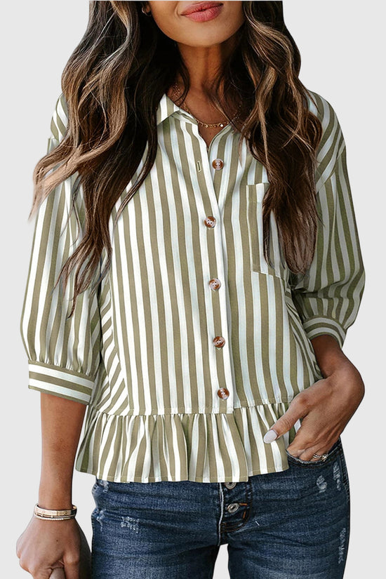 Striped Ruffle Hem Button-Up Blouse