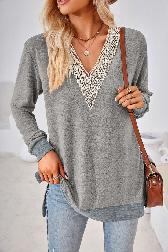 V-Neck Crochet Trim Long Sleeve Top