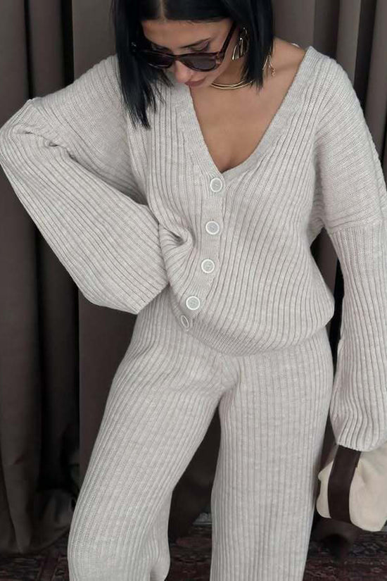 Ribbed Button-Up Pants Set
