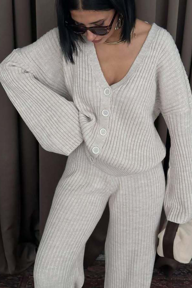 Ribbed Button-Up Pants Set