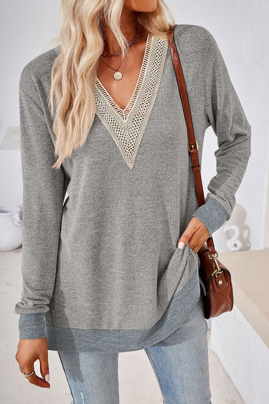 V-Neck Crochet Trim Long Sleeve Top