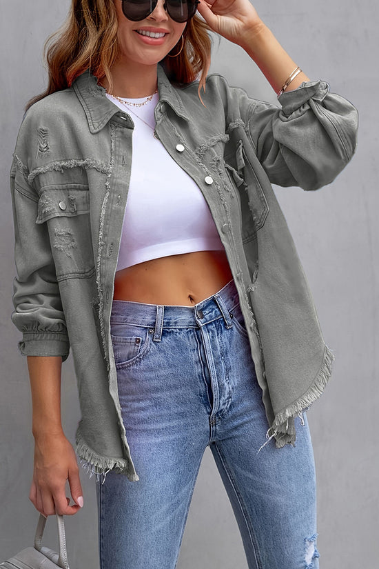 Distressed Denim Jacket with Frayed Hem