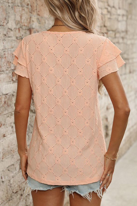Ruffled Sleeve Eyelet T-Shirt