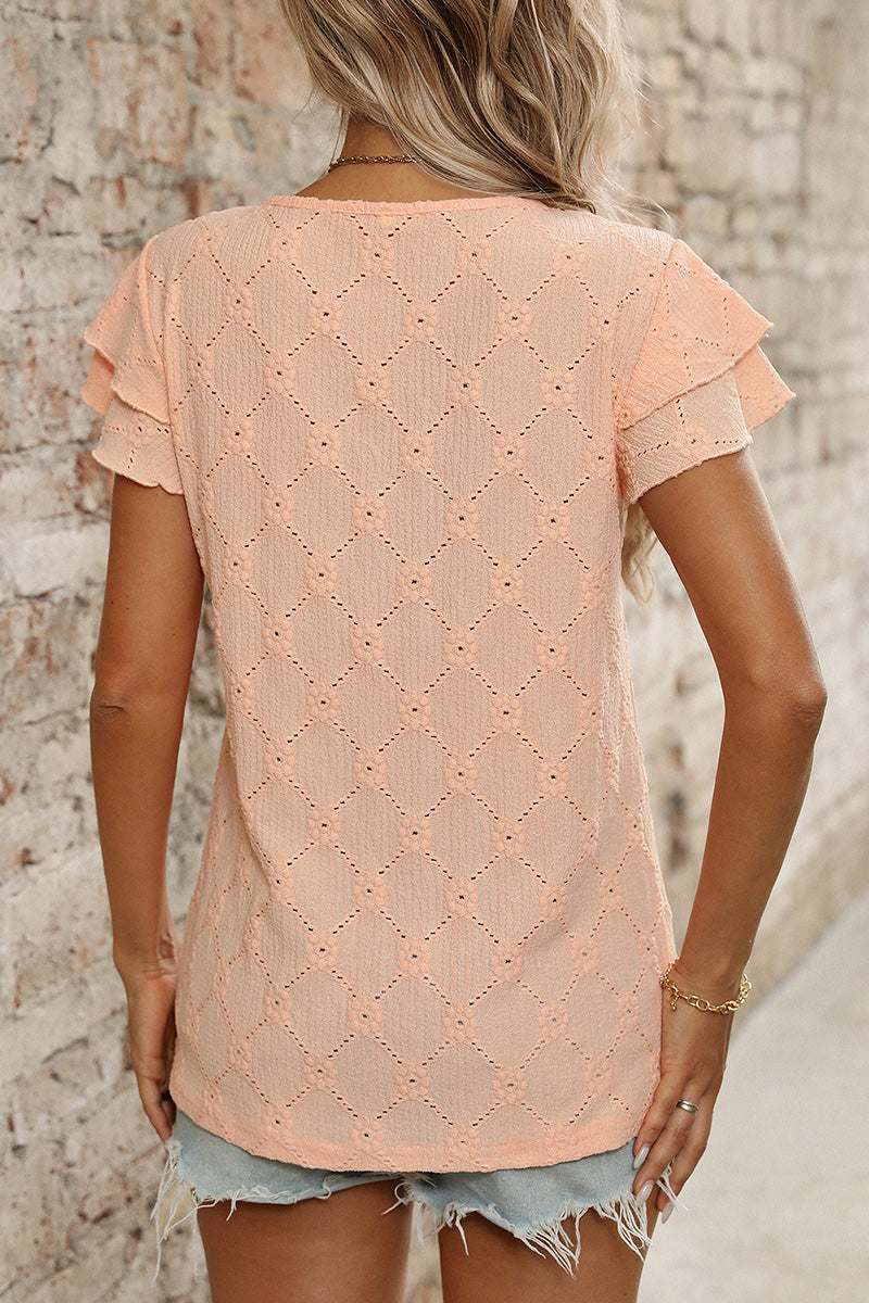 Ruffled Sleeve Eyelet T-Shirt