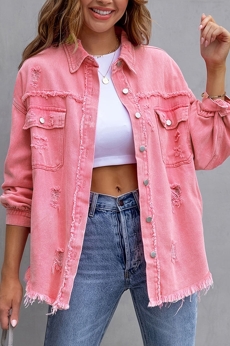 Distressed Denim Jacket with Frayed Hem