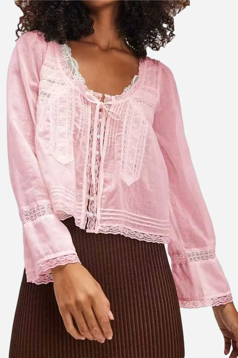 Flowy Lace Trimmed Long Sleeve Blouse