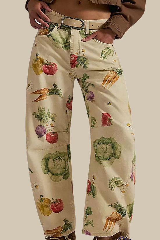 Fruit and Veggie Print Straight Jeans