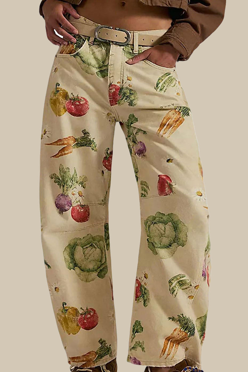 Fruit and Veggie Print Straight Jeans