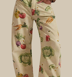 Fruit and Veggie Print Straight Jeans