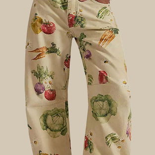 Fruit and Veggie Print Straight Jeans