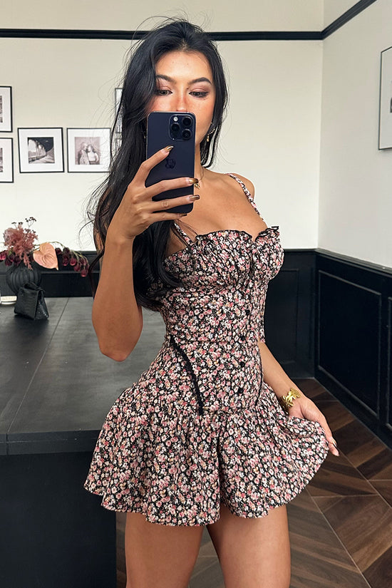 Floral Ruffle Hem Corset Mini Dress