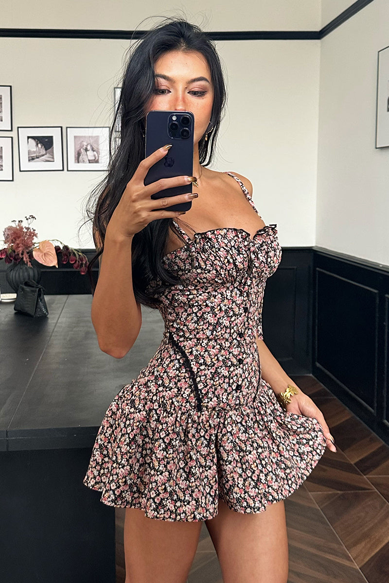 Floral Ruffle Hem Corset Mini Dress