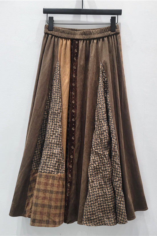 Patchwork Plaid Skirt with Elastic Waist