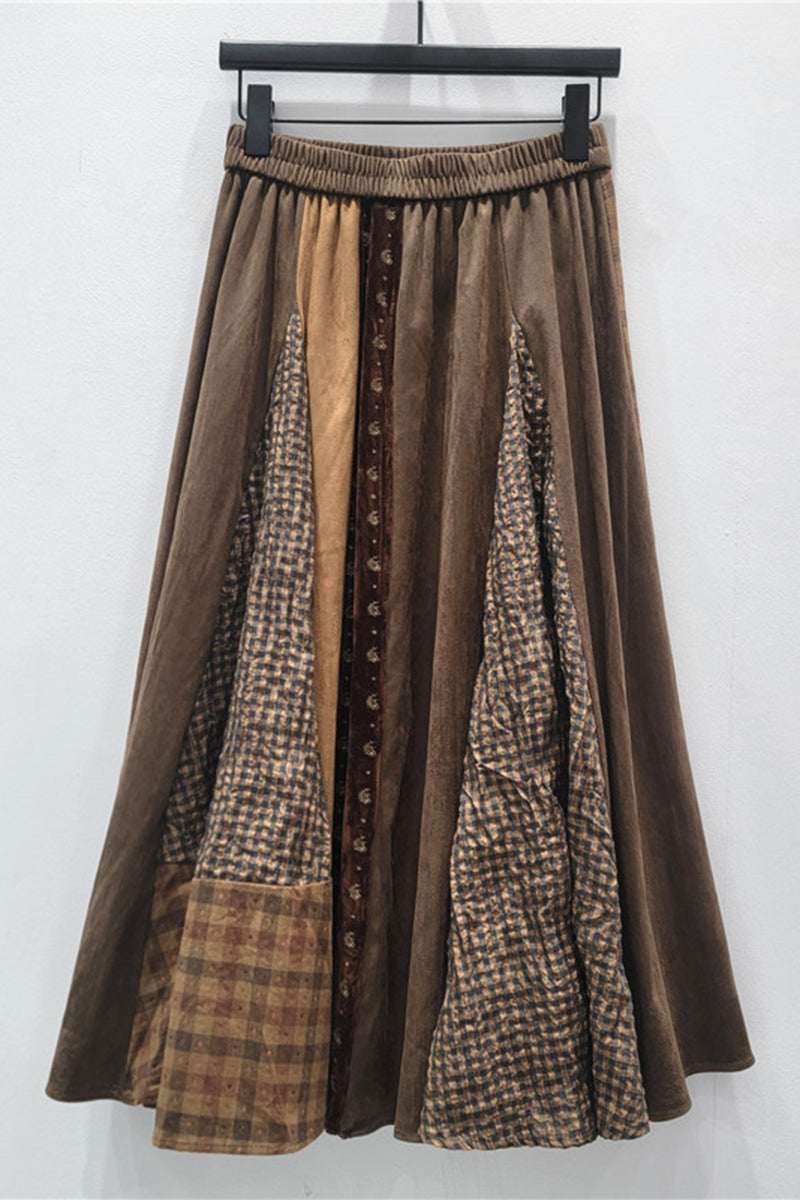 Patchwork Plaid Skirt with Elastic Waist
