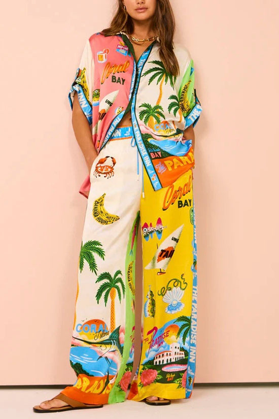 Tropical Print Wide-Leg Pants Set