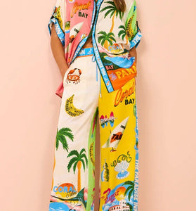 Tropical Print Wide-Leg Pants Set