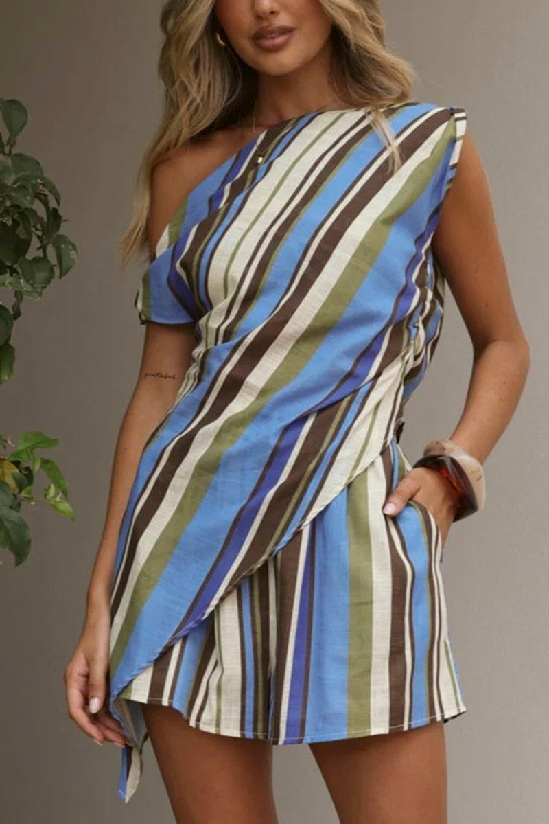 Striped Asymmetric One-Shoulder Shorts Set