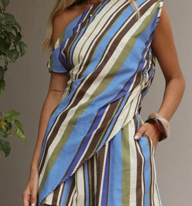 Striped Asymmetric One-Shoulder Shorts Set