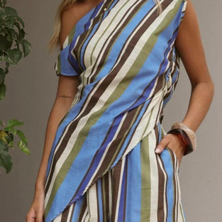 Striped Asymmetric One-Shoulder Shorts Set