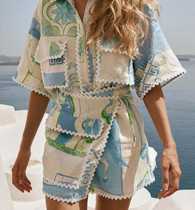 Floral Patchwork Wrap Shorts Set