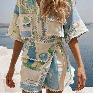 Floral Patchwork Wrap Shorts Set