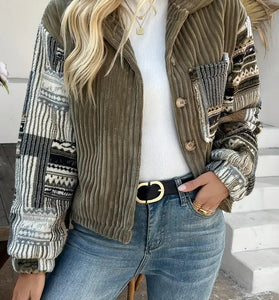 Textured Button-Front Jacket with Patterned Sleeves