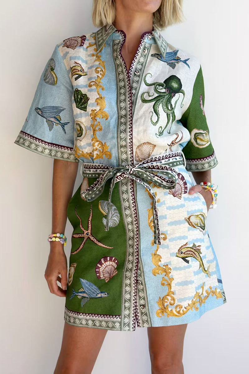 Nautical Print Belted Shirt Dress
