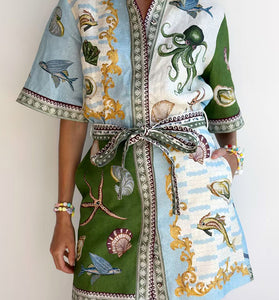 Nautical Print Belted Shirt Dress