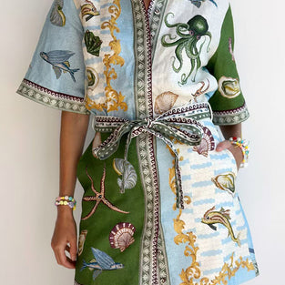 Nautical Print Belted Shirt Dress