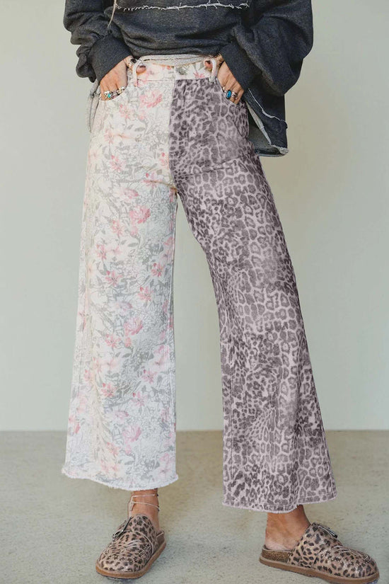 Retro Floral Leopard Contrast Patchwork Jean