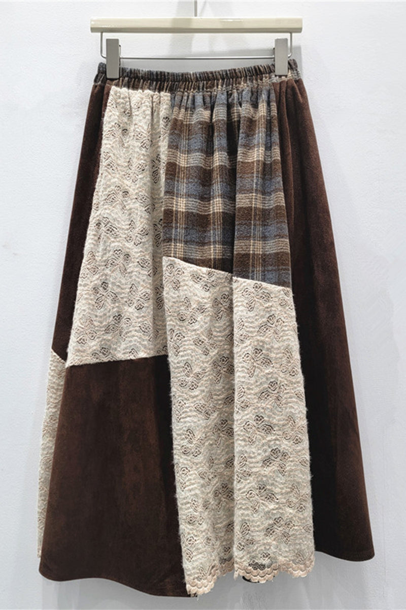 Patchwork Midi Skirt with Elastic Waist