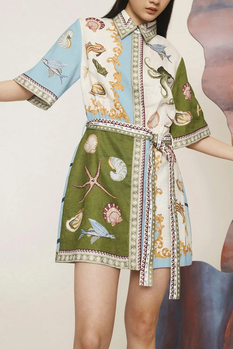 Sea-Themed Print Shirt Dress