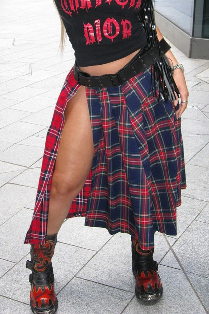 Plaid High Slit Midi Skirt