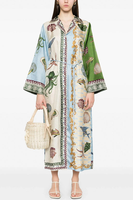 Ocean Print Belted Midi Dress