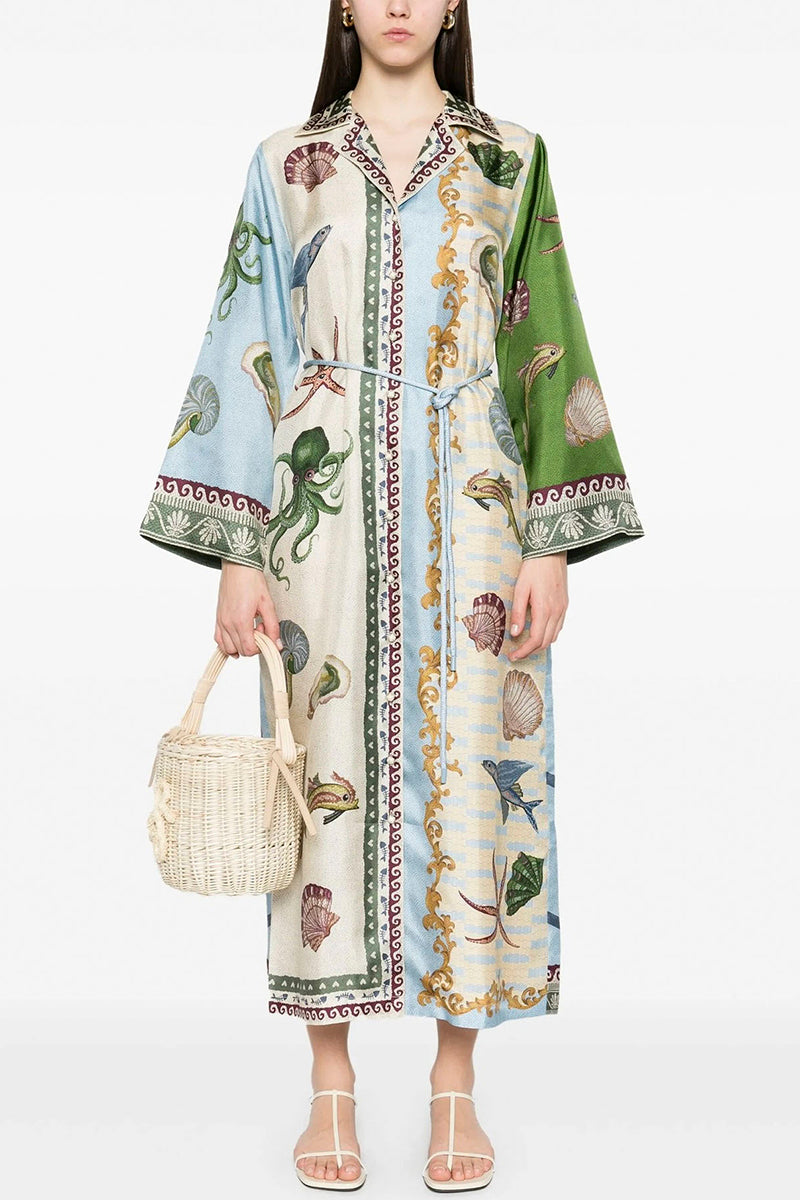 Ocean Print Belted Midi Dress