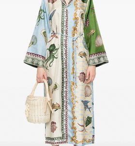Ocean Print Belted Midi Dress