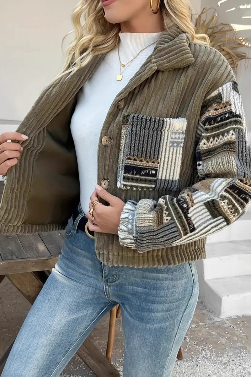 Textured Button-Front Jacket with Patterned Sleeves