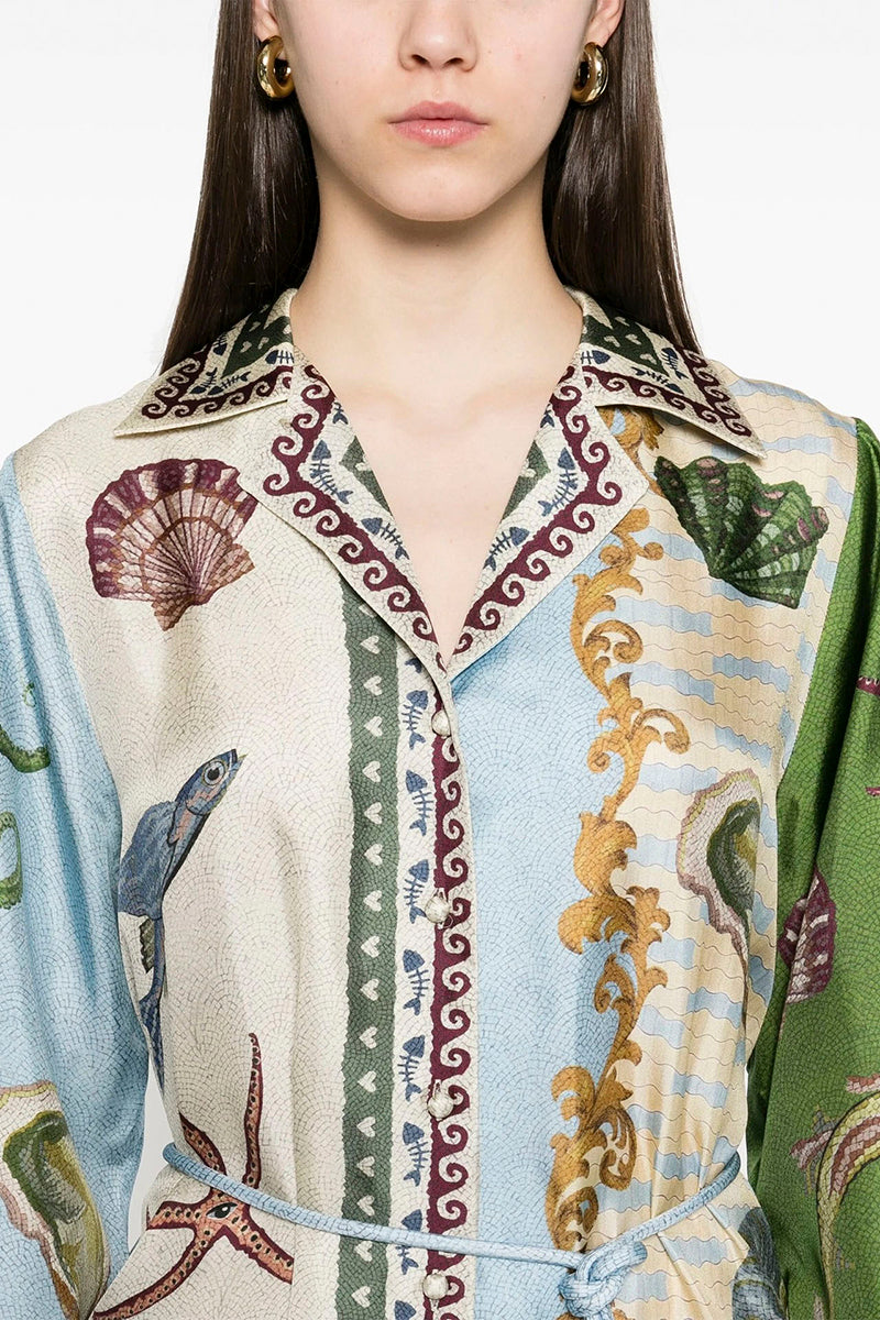 Ocean Print Belted Midi Dress