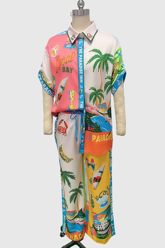 Tropical Print Wide-Leg Pants Set