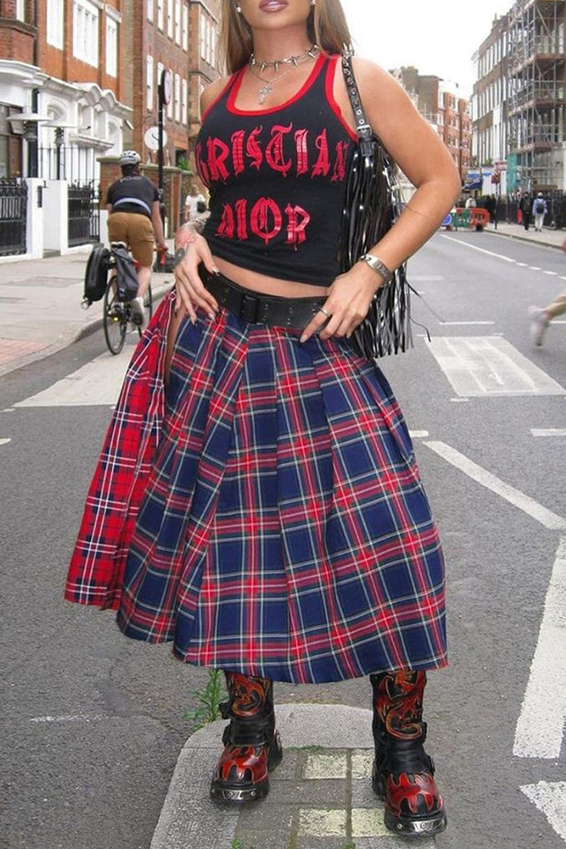 Plaid High Slit Midi Skirt