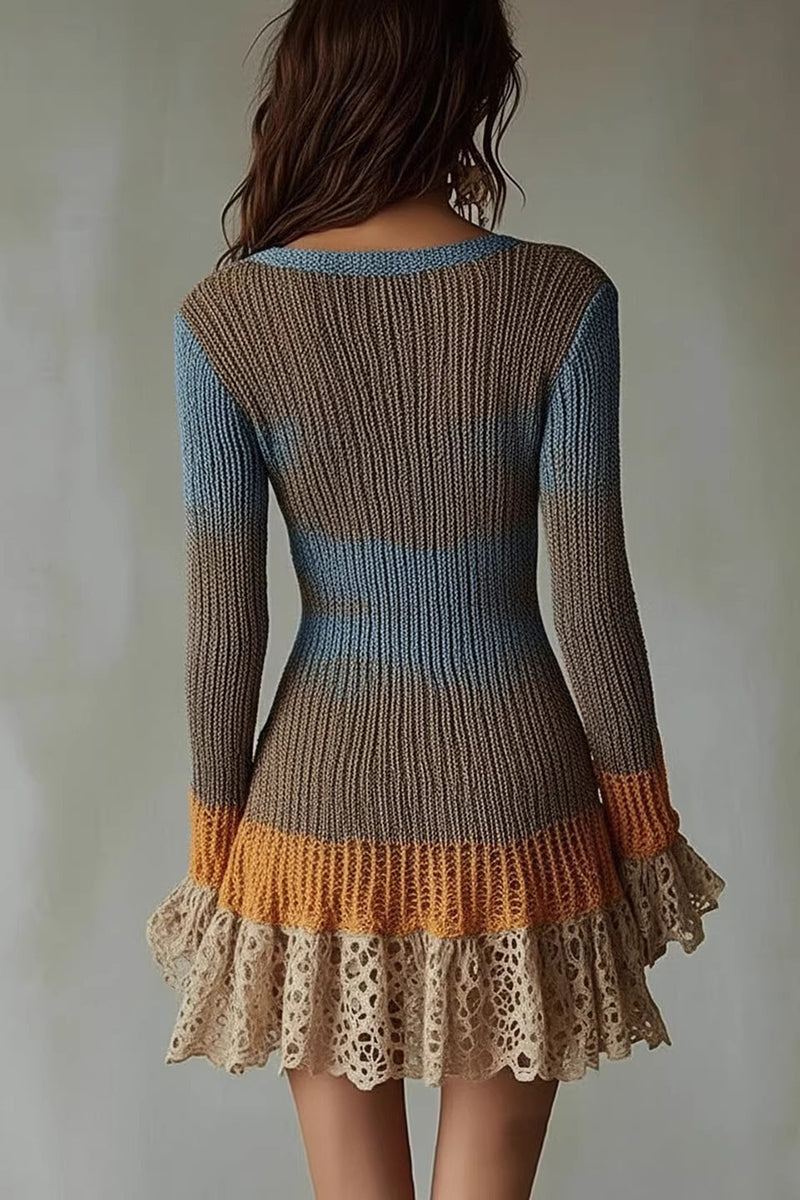 V-Neck Knitted Lace Trim Casual Dress
