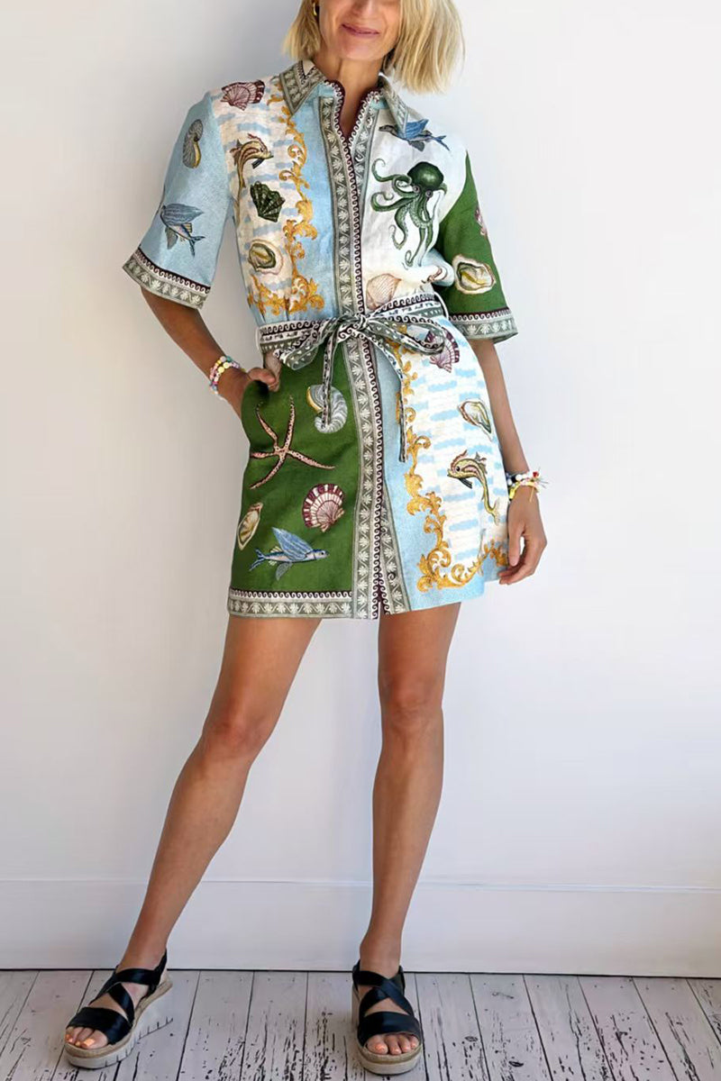Nautical Print Belted Shirt Dress