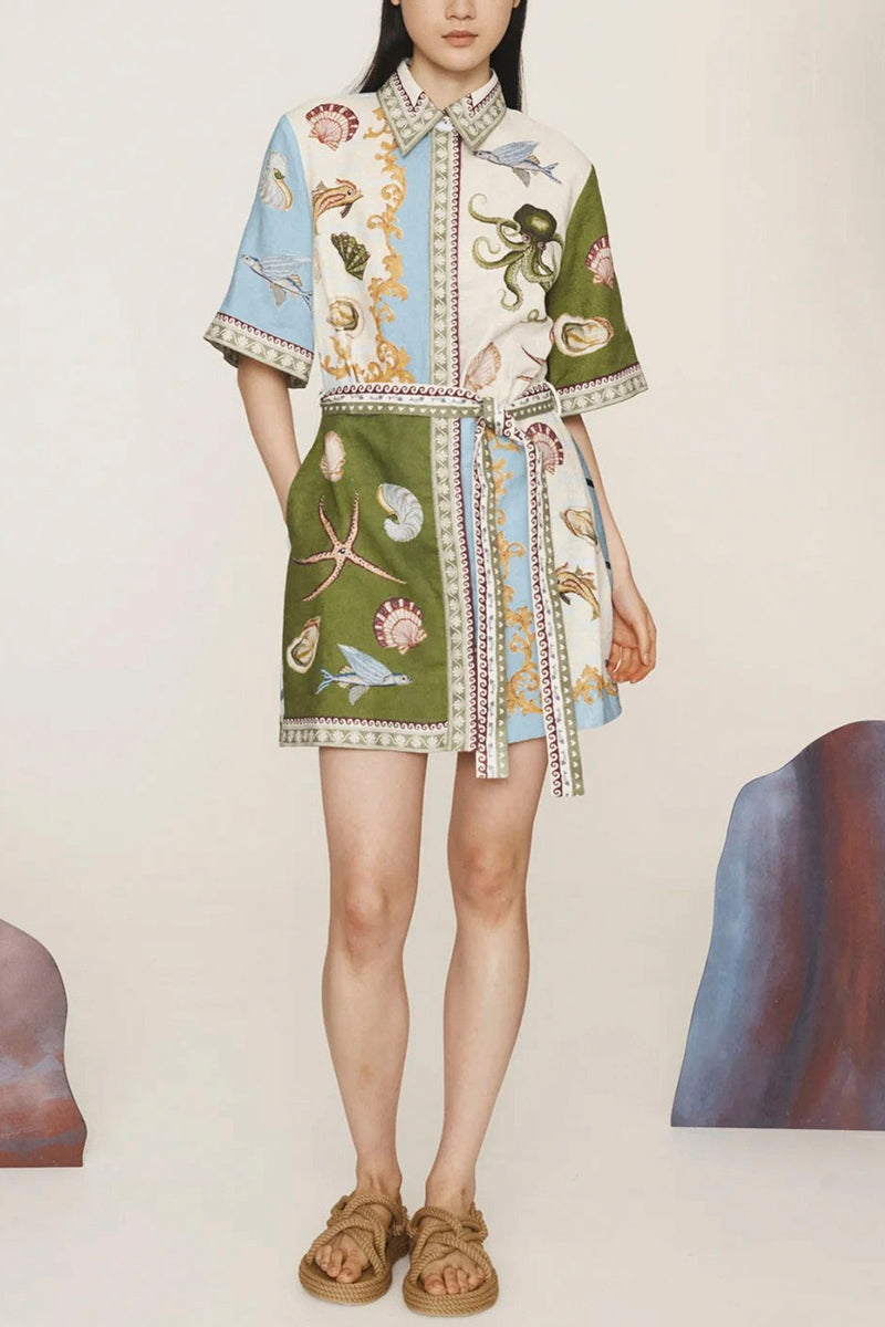 Sea-Themed Print Shirt Dress