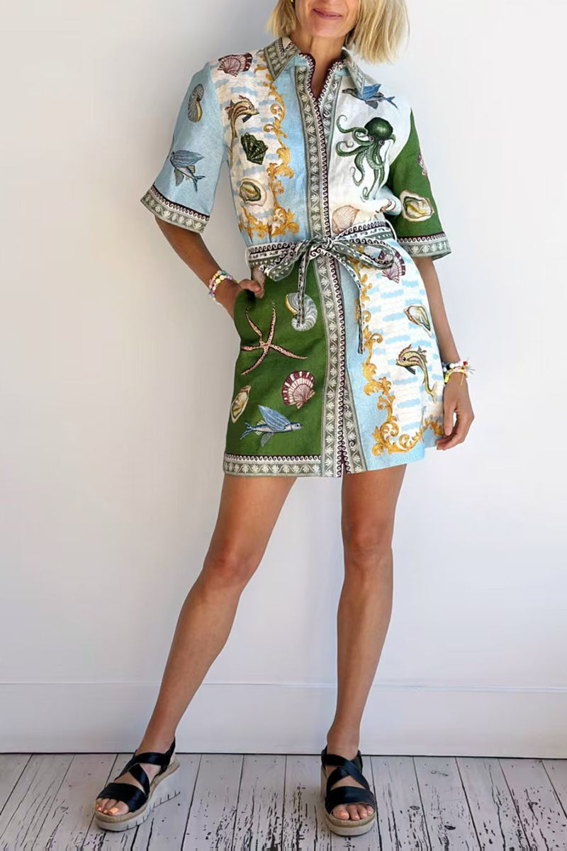 Nautical Print Casual Wrap Dress