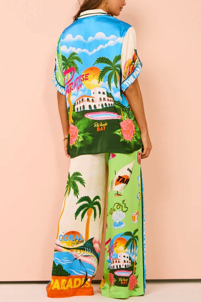 Tropical Print Wide-Leg Pants Set