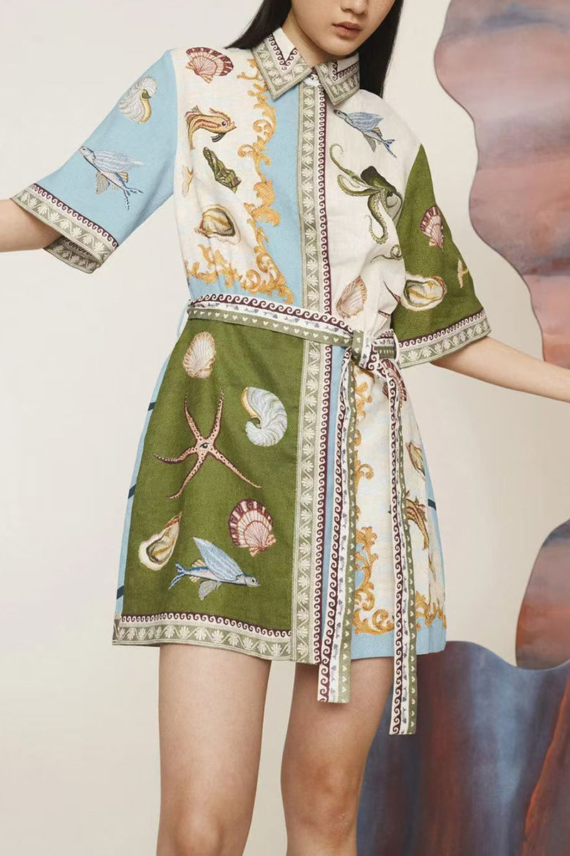 Nautical Print Belted Shirt Dress