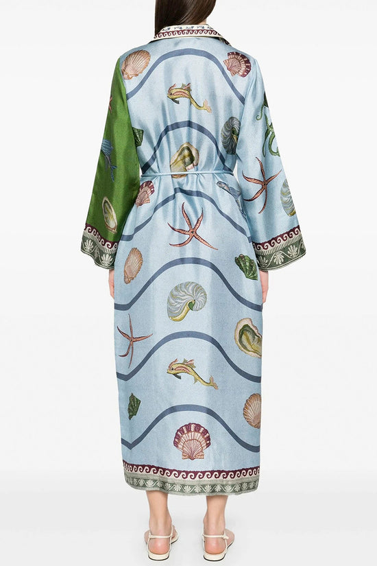 Ocean Print Belted Midi Dress