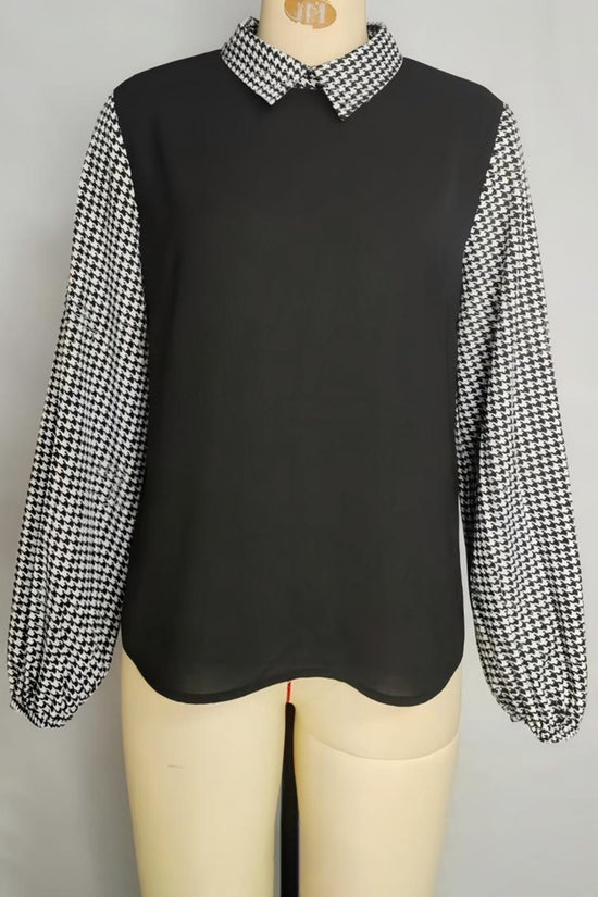 Houndstooth Collar Long Sleeve Blouse