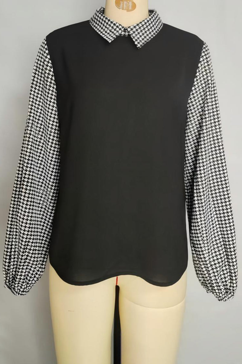 Houndstooth Collar Long Sleeve Blouse