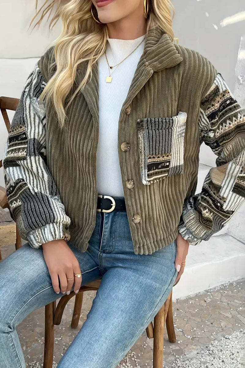 Textured Button-Front Jacket with Patterned Sleeves